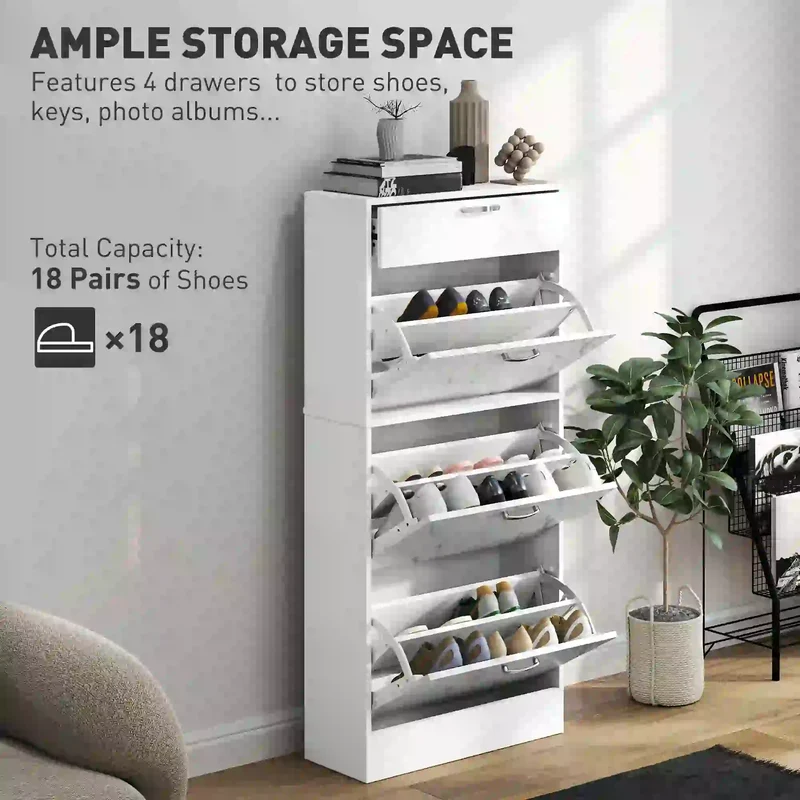 3 Flip Drawer Shoe Cabinet, Marble-Effect Narrow, White
