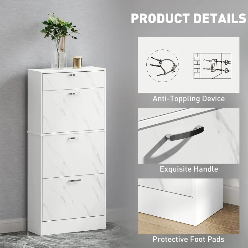 3 Flip Drawer Shoe Cabinet, Marble-Effect Narrow, White