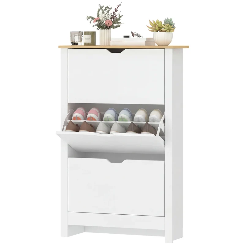 Shoe Storage Cabinet, 3 Flip Drawers, Adjustable Shelves, 9-18 Pairs, White