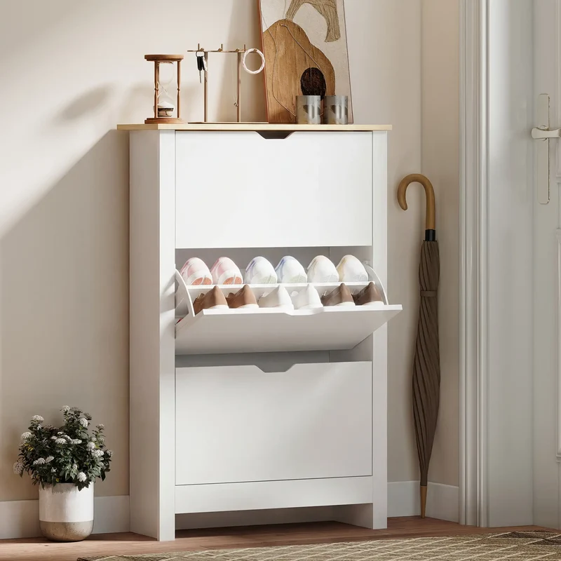 Shoe Storage Cabinet, 3 Flip Drawers, Adjustable Shelves, 9-18 Pairs, White