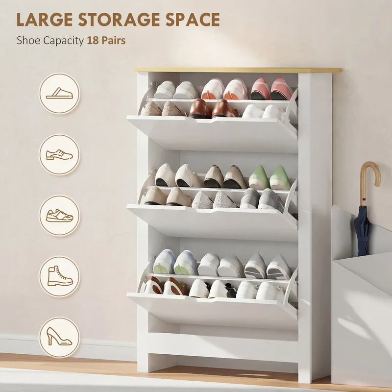 Shoe Storage Cabinet, 3 Flip Drawers, Adjustable Shelves, 9-18 Pairs, White