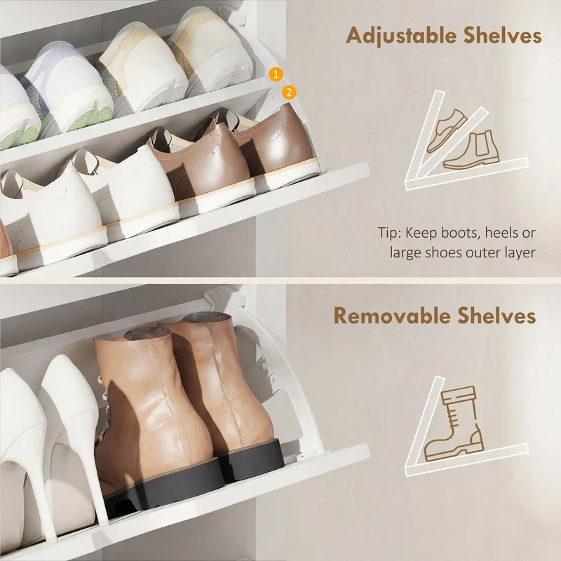 Shoe Storage Cabinet, 3 Flip Drawers, Adjustable Shelves, 9-18 Pairs, White