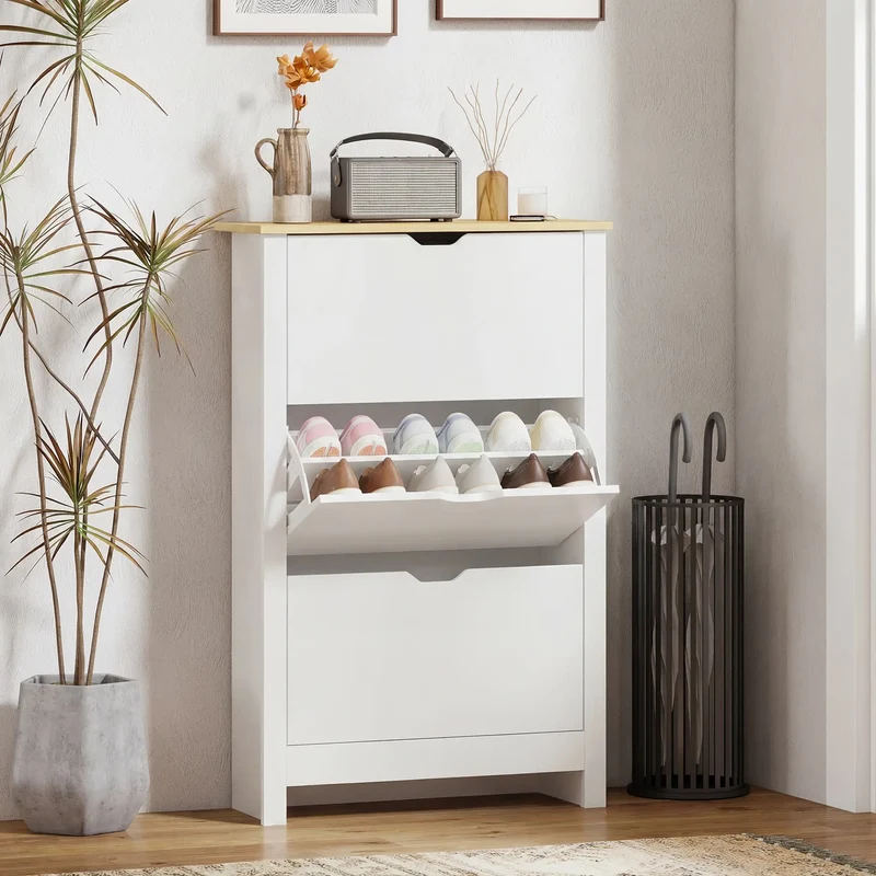 Shoe Storage Cabinet, 3 Flip Drawers, Adjustable Shelves, 9-18 Pairs, White