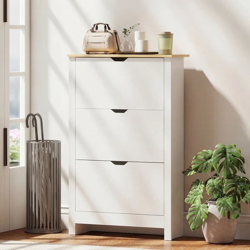 Shoe Storage Cabinet, 3 Flip Drawers, Adjustable Shelves, 9-18 Pairs, White