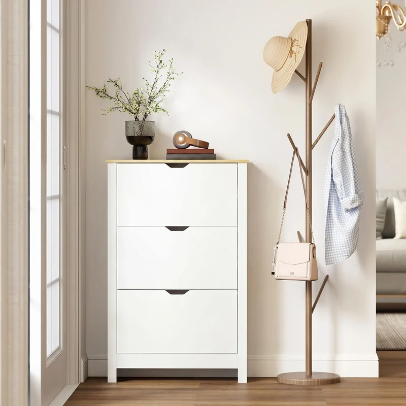 Shoe Storage Cabinet, 3 Flip Drawers, Adjustable Shelves, 9-18 Pairs, White