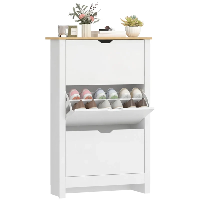 Shoe Storage Cabinet, 3 Flip Drawers, Adjustable Shelves, 9-18 Pairs, White