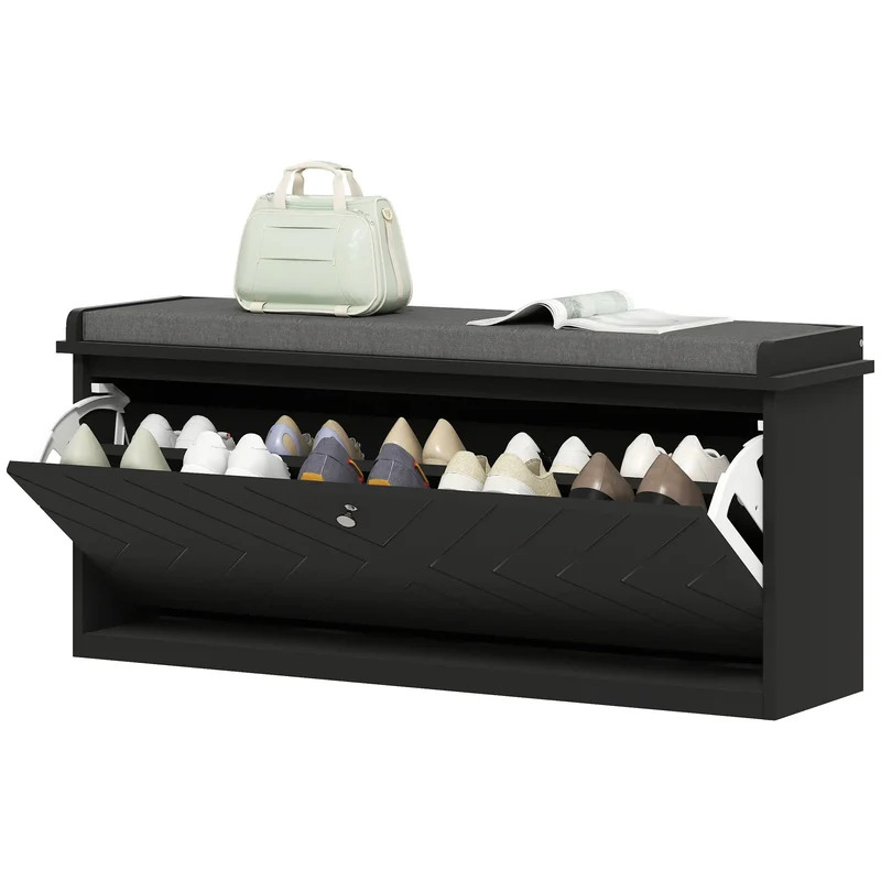 Upholstered Shoe Storage Bench with Flip Drawer, Adjustable Shelf, Fits 10 Pairs