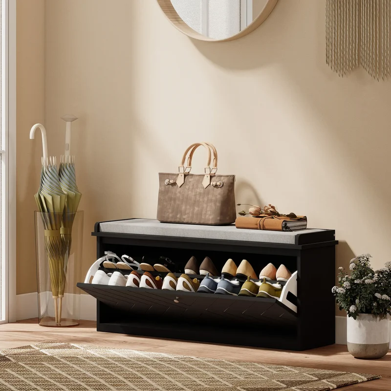 Upholstered Shoe Storage Bench with Flip Drawer, Adjustable Shelf, Fits 10 Pairs