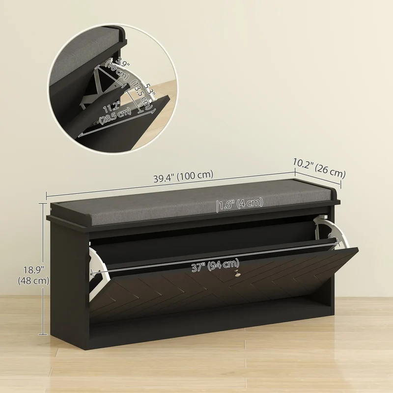 Upholstered Shoe Storage Bench with Flip Drawer, Adjustable Shelf, Fits 10 Pairs