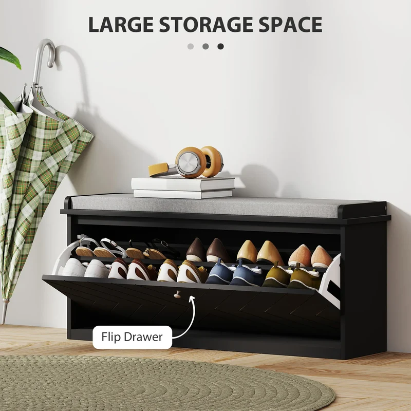 Upholstered Shoe Storage Bench with Flip Drawer, Adjustable Shelf, Fits 10 Pairs