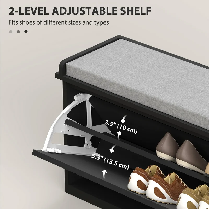 Upholstered Shoe Storage Bench with Flip Drawer, Adjustable Shelf, Fits 10 Pairs
