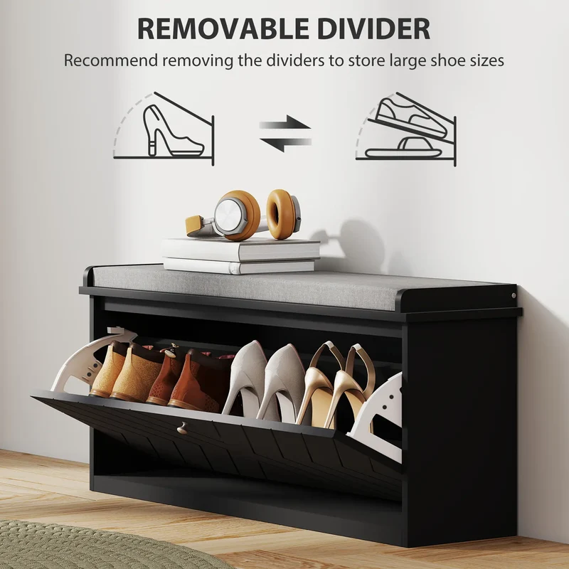 Upholstered Shoe Storage Bench with Flip Drawer, Adjustable Shelf, Fits 10 Pairs
