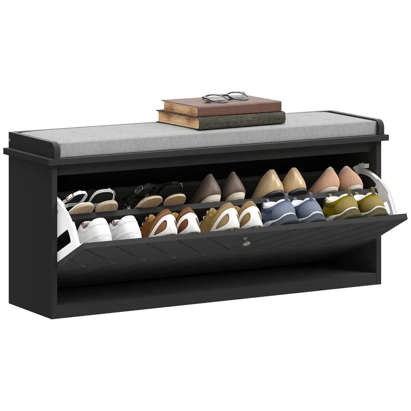 Upholstered Shoe Storage Bench with Flip Drawer, Adjustable Shelf, Fits 10 Pairs