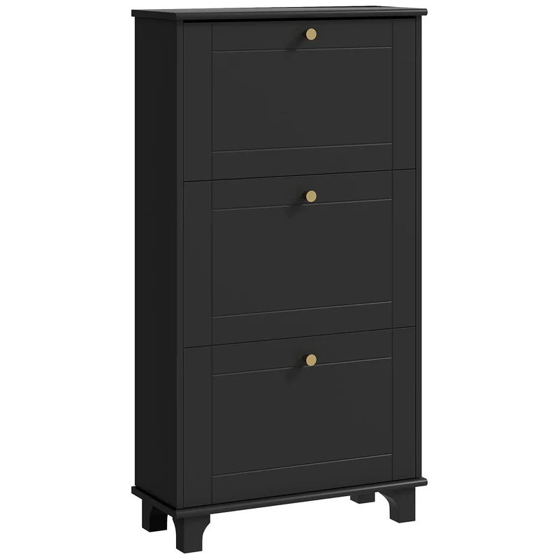 Narrow Shoe Storage, 3 Flip Drawers, Adjustable Shelves, Holds 12 Pairs, Black