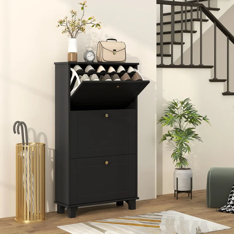 Narrow Shoe Storage, 3 Flip Drawers, Adjustable Shelves, Holds 12 Pairs, Black