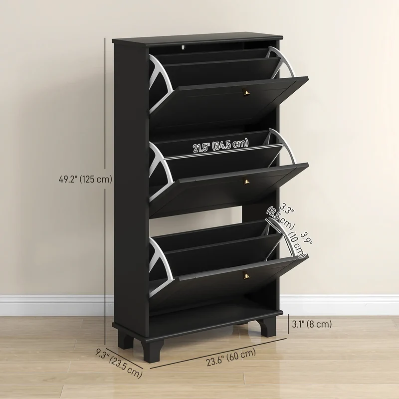 Narrow Shoe Storage, 3 Flip Drawers, Adjustable Shelves, Holds 12 Pairs, Black