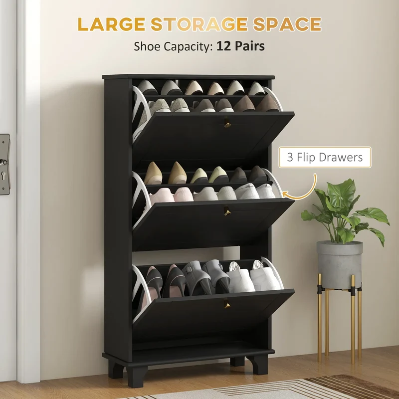 Narrow Shoe Storage, 3 Flip Drawers, Adjustable Shelves, Holds 12 Pairs, Black