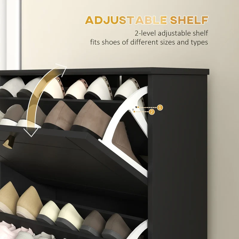 Narrow Shoe Storage, 3 Flip Drawers, Adjustable Shelves, Holds 12 Pairs, Black