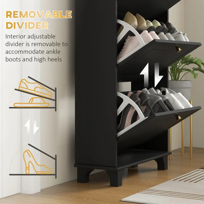 Narrow Shoe Storage, 3 Flip Drawers, Adjustable Shelves, Holds 12 Pairs, Black