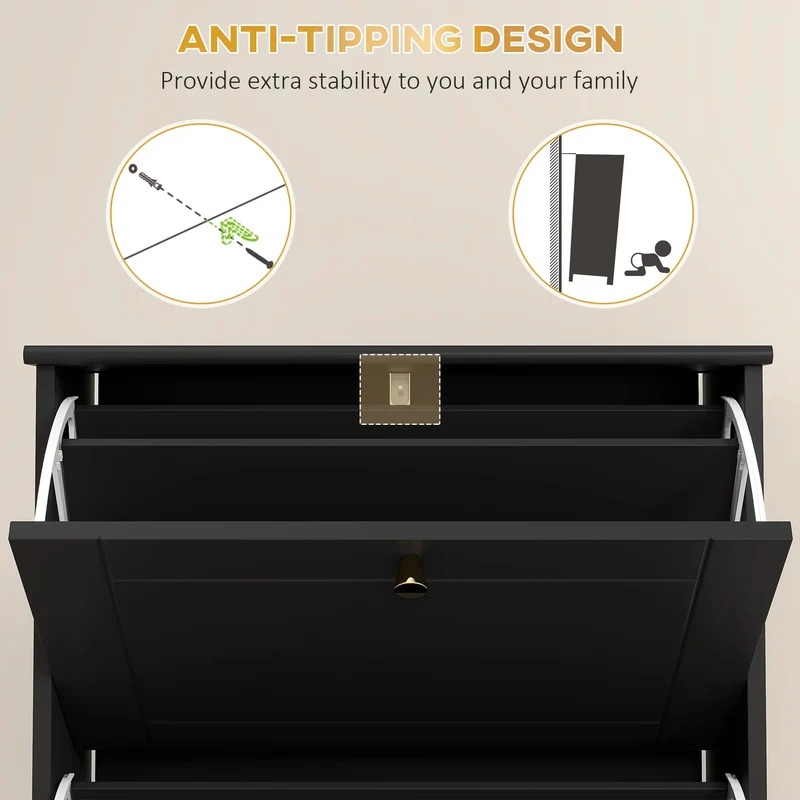 Narrow Shoe Storage, 3 Flip Drawers, Adjustable Shelves, Holds 12 Pairs, Black