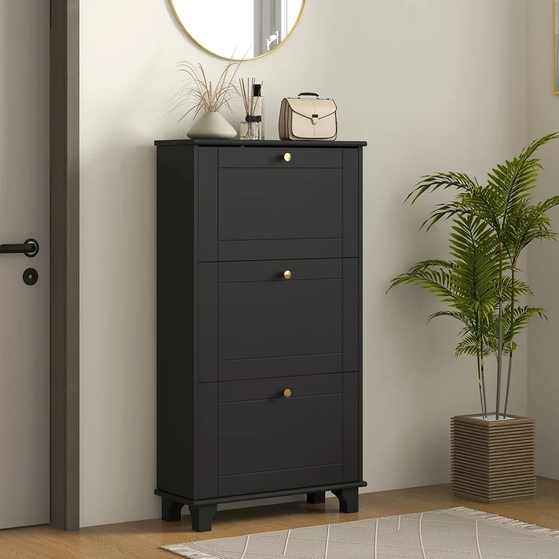 Narrow Shoe Storage, 3 Flip Drawers, Adjustable Shelves, Holds 12 Pairs, Black