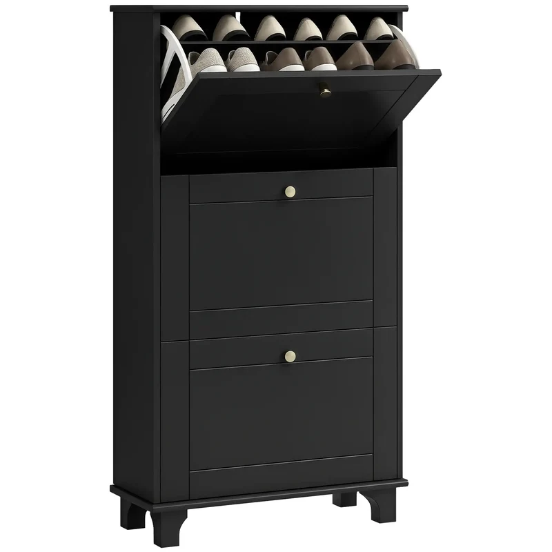 Narrow Shoe Storage, 3 Flip Drawers, Adjustable Shelves, Holds 12 Pairs, Black