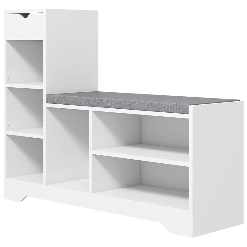 Upholstered Shoe Storage Bench With Seat, Drawer, 6 Shelves, White