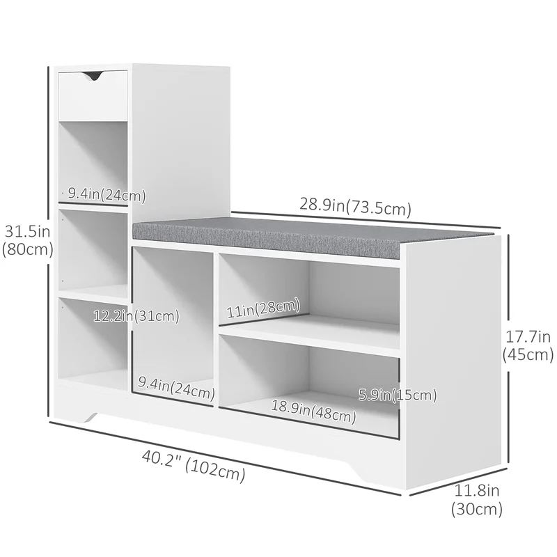 Upholstered Shoe Storage Bench With Seat, Drawer, 6 Shelves, White