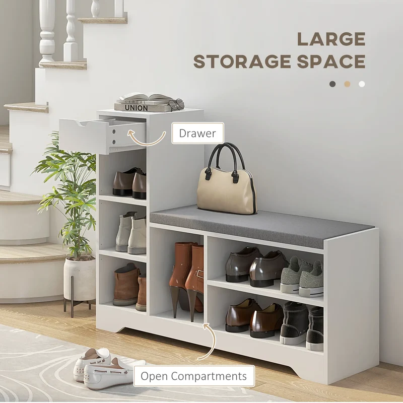 Upholstered Shoe Storage Bench With Seat, Drawer, 6 Shelves, White