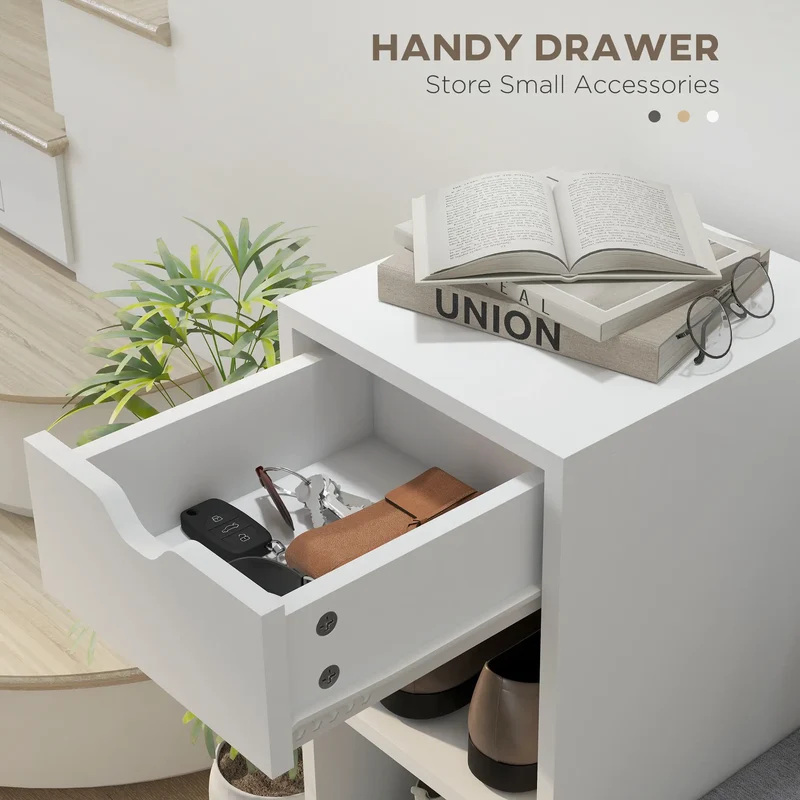 Upholstered Shoe Storage Bench With Seat, Drawer, 6 Shelves, White