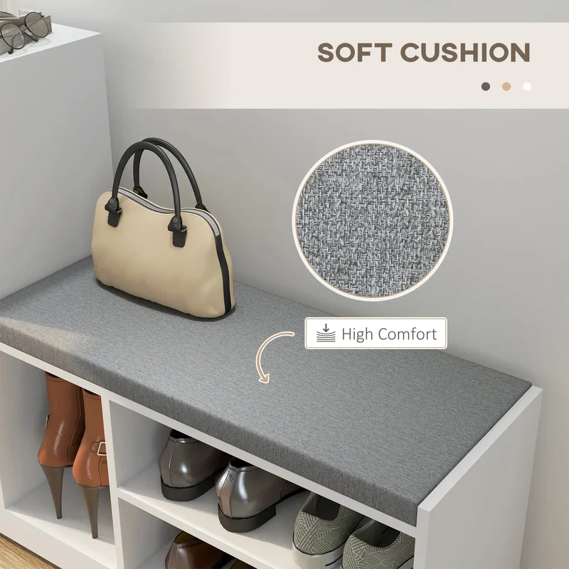 Upholstered Shoe Storage Bench With Seat, Drawer, 6 Shelves, White