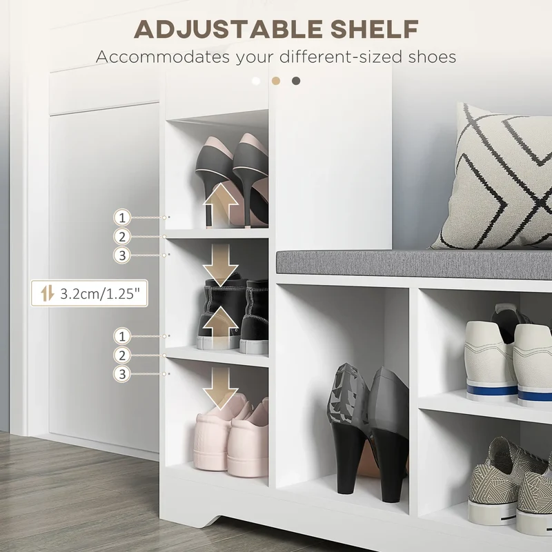 Upholstered Shoe Storage Bench With Seat, Drawer, 6 Shelves, White