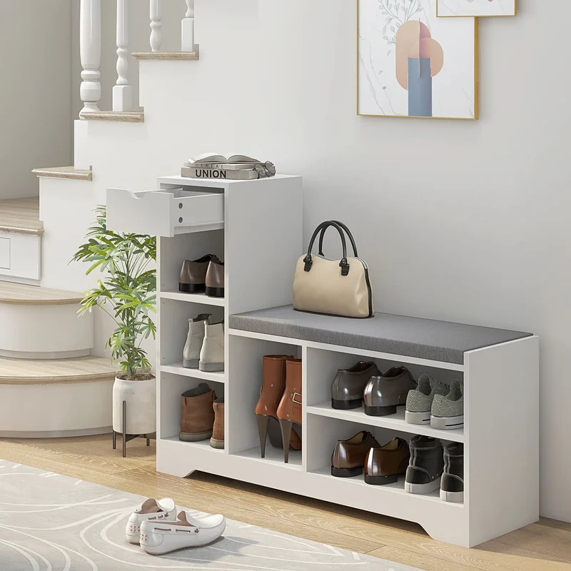 Upholstered Shoe Storage Bench With Seat, Drawer, 6 Shelves, White