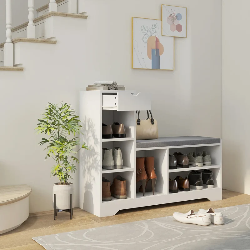 Upholstered Shoe Storage Bench With Seat, Drawer, 6 Shelves, White