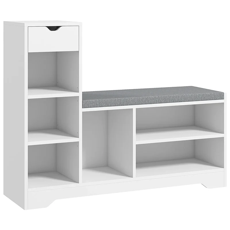 Upholstered Shoe Storage Bench With Seat, Drawer, 6 Shelves, White
