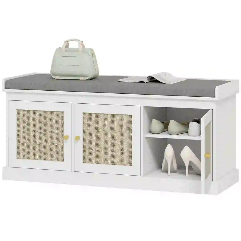 Shoe Storage Bench, Woven Rattan Doors, Adjustable Shelves, White