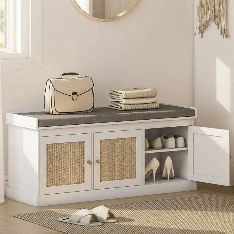 Shoe Storage Bench, Woven Rattan Doors, Adjustable Shelves, White