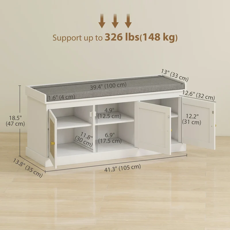 Shoe Storage Bench, Woven Rattan Doors, Adjustable Shelves, White