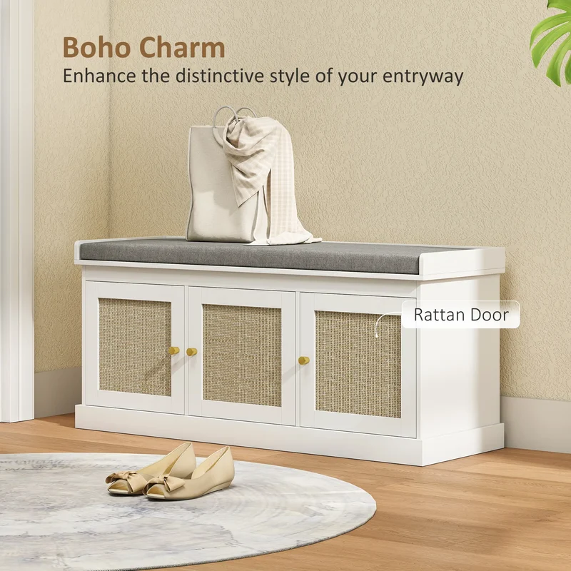 Shoe Storage Bench, Woven Rattan Doors, Adjustable Shelves, White