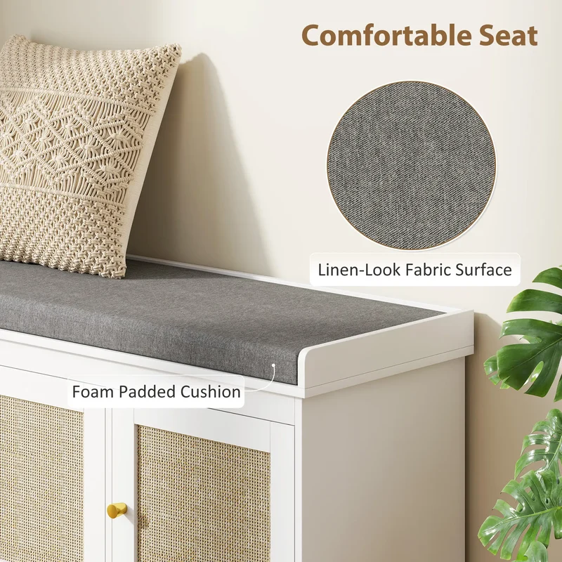 Shoe Storage Bench, Woven Rattan Doors, Adjustable Shelves, White