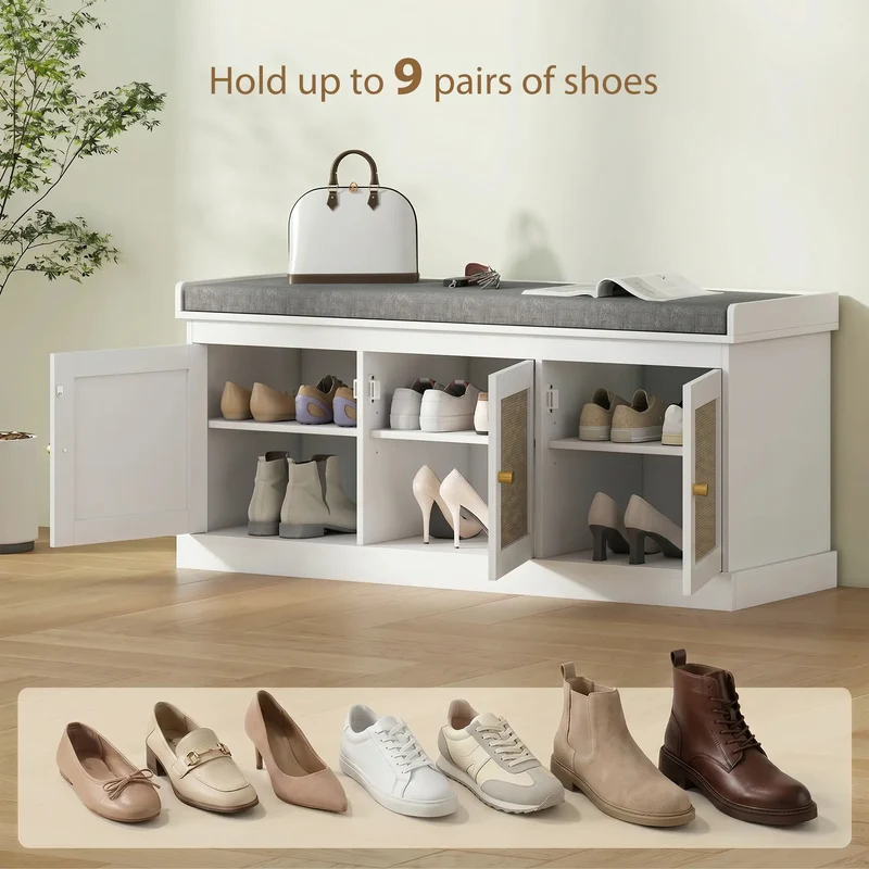 Shoe Storage Bench, Woven Rattan Doors, Adjustable Shelves, White