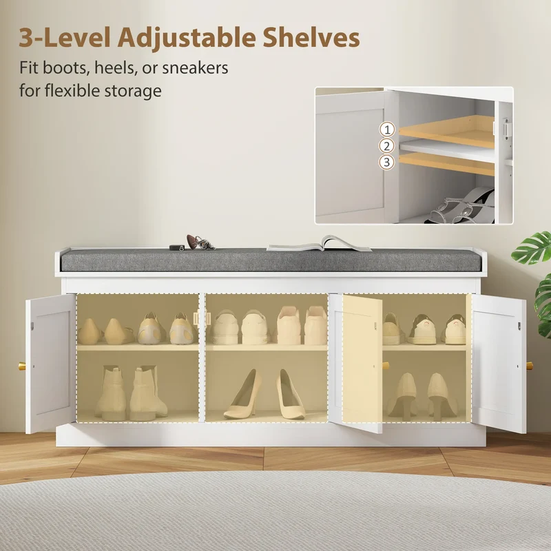 Shoe Storage Bench, Woven Rattan Doors, Adjustable Shelves, White