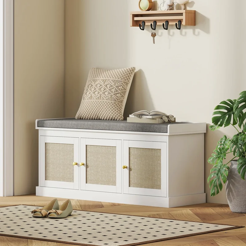 Shoe Storage Bench, Woven Rattan Doors, Adjustable Shelves, White