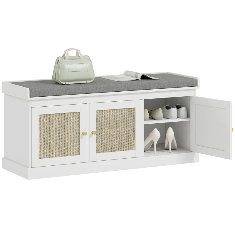 Shoe Storage Bench, Woven Rattan Doors, Adjustable Shelves, White
