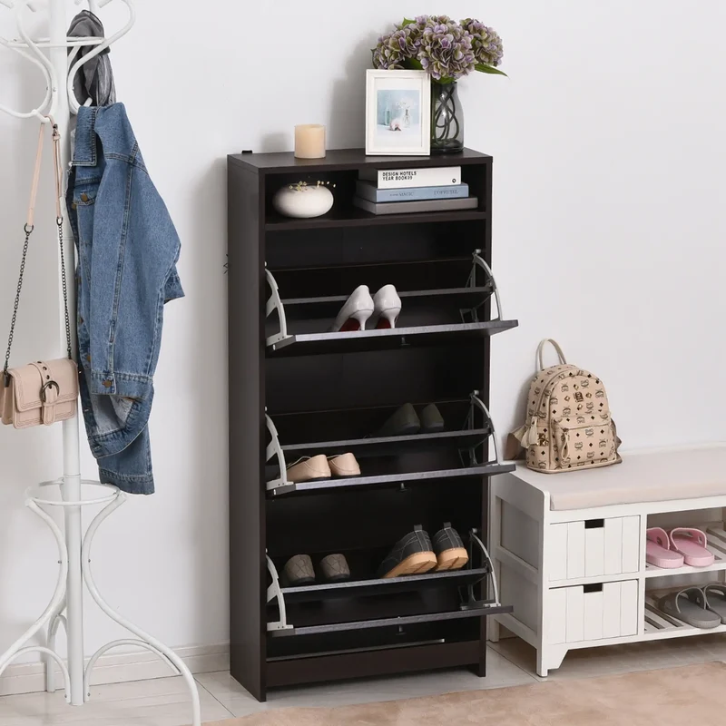 Slim Shoe Storage, 3 Flip Drawers, Adjustable Shelves, 9 Pair, Coffee