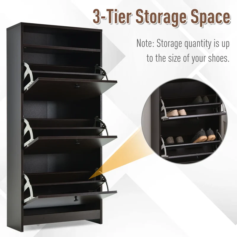 Slim Shoe Storage, 3 Flip Drawers, Adjustable Shelves, 9 Pair, Coffee