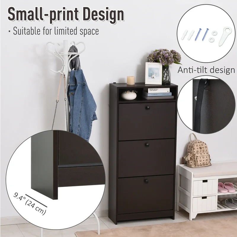 Slim Shoe Storage, 3 Flip Drawers, Adjustable Shelves, 9 Pair, Coffee