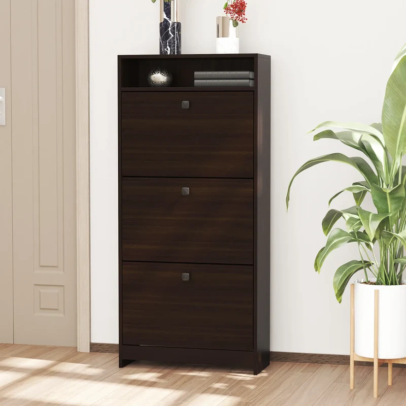 Slim Shoe Storage, 3 Flip Drawers, Adjustable Shelves, 9 Pair, Coffee