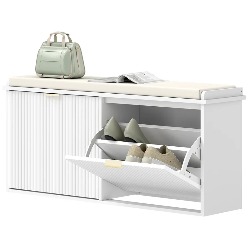 Entryway Bench with Padded Seat, Flip-Drawers, Holds 529lbs, White