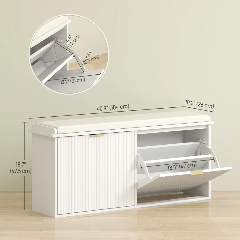 Entryway Bench with Padded Seat, Flip-Drawers, Holds 529lbs, White